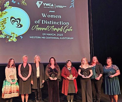 A shot of all the awardd winners from the 2023 Women of Distinction Annual Awards Gala: From left: Sophia Smoke, Kori Gordan, Heather Day, Susan Ainsworth, Dr. Poonam Singh, Amari Stocks, Shannon Mckenzie, and Shannon Saltarelli. (Mariah Phillips, for The Brandon Sun)