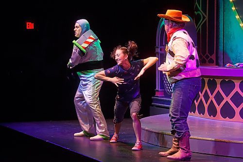 MIKE DEAL / WINNIPEG FREE PRESS
Cory Wojcik as Buzz, Calantha Jensen as Andy and Ken Rudderham as Woody in the Celebrations production of A Toy's Birthday Story.
Celebrations Dinner Theatre, 1824 Pembina Hwy, has recently added kids programming to its dinner theatre roster. A Toy&#x573; Story Birthday, which opens this month.
See Eva Wasney story
230310 - Friday, March 10, 2023.