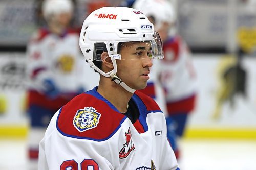 Edmonton Oil Kings defenceman Jacob Hoffrogge, shown during warmup prior to Saturday&#x2019;s Western Hockey League game against the Brandon Wheat Kings at Westoba Place, was traded by Brandon to the Everett Silvertips and was then sent to Edmonton in a second deal in his 19-year-old season. (Perry Bergson/The Brandon Sun)