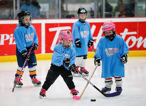 JOHN WOODS / WINNIPEG FREE PRESS
Young players go after the puck at Girls Hockeyfest at Hockey For All Centre Sunday, March 12, 2023. 

Re: ?