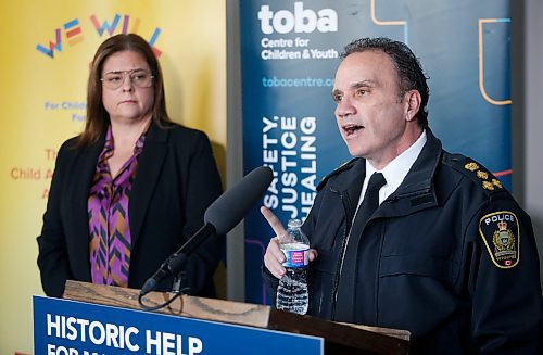 JOHN WOODS / WINNIPEG FREE PRESS
Manitoba premier Heather Stefanson listens in as Chief Danny Smyth, Winnipeg Police Service, speaks to media about the funding announced for Manitoba violent crime strategy and supports for children and families at the new Toba Centre in Assiniboine Park Sunday, March 12, 2023. 

Re: May