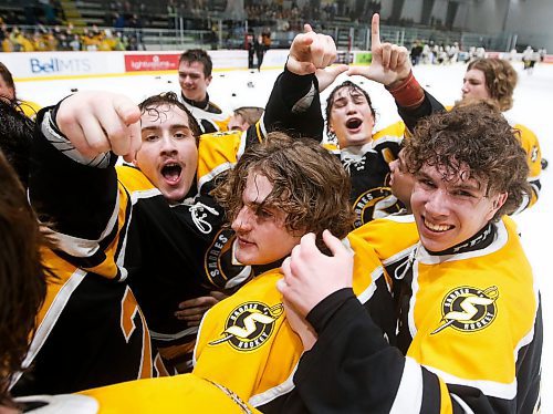 JOHN WOODS / WINNIPEG FREE PRESS
Steinbach Regional Secondary School celebrates defeating the Garden City Gophers in the AAAA provincial championships at Hockey For All Centre Monday, March 13, 2023. 

Reporter: ?