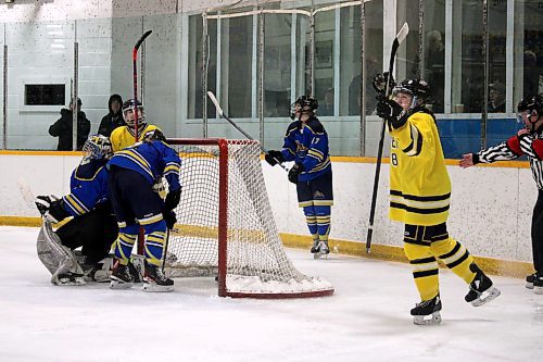 Yellowhead Chiefs forward Kirby Gray (8) celebrates after finding the back of the net during her team's 2-0 win over the Westman Wildcats on Monday night in Shoal Lake. (Lucas Punkari/The Brandon Sun)