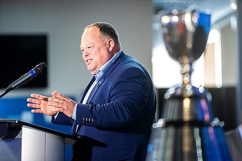 MIKAELA MACKENZIE / WINNIPEG FREE PRESS

Wade Miller, president and CEO of the Winnipeg Football Club, speaks at a press conference announcing Grey Cup 2025 at IG Field in Winnipeg on Tuesday, March 14, 2023. For Jeff story.

Winnipeg Free Press 2023.