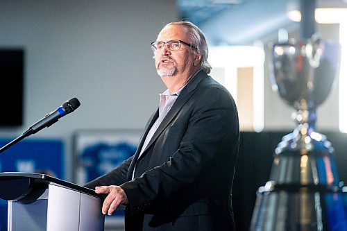 MIKAELA MACKENZIE / WINNIPEG FREE PRESS

Mike Pyle, chair of the board of directors for the Winnipeg Football Club, speaks at a press conference announcing Grey Cup 2025 at IG Field in Winnipeg on Tuesday, March 14, 2023. For Jeff story.

Winnipeg Free Press 2023.