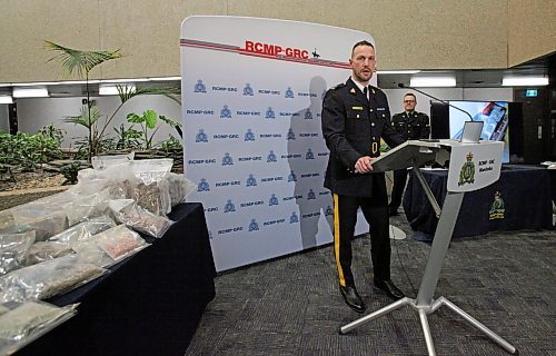 RCMP Insp. Grant Stephen speaks to reporters about the results of a large-scale drug trafficking investigation by Manitoba Mounties on March 14. ERIK PINDERA/WINNIPEG FREE PRESS