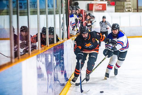 MIKAELA MACKENZIE / WINNIPEG FREE PRESS

CSLR Renard Zoe Comte (6) and Churchill Bulldog Isabella Carriere (12) race for the puck in the fateful Game 3 of the Manitoba Women&#x573; High School Hockey League Division 1 championship at Dakota Community Centre in Winnipeg on Wednesday, March 15, 2023. For Josh story.

Winnipeg Free Press 2023.