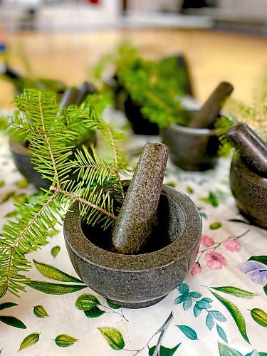 Shel Zolkewich / Winnipeg Free Press
One of Pickled Loon Kitchen’s workshops guides guests through the creation of balsam fir needle seasoning salt.