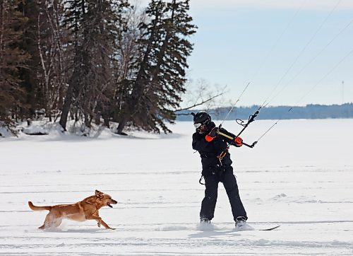 Gord Ziegler of Onanole snowkite’s across Clear Lake at Riding Mountain National Park with his dog Brie in pursuit on Tuesday afternoon. Snowkiting is using a kite and the power of the wind to glide across snow and ice on a snowboard. (Tim Smith/The Brandon Sun)