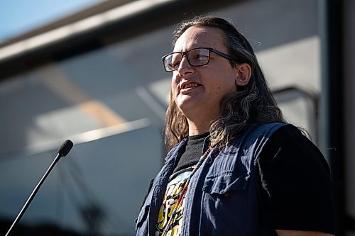Daniel Crump / Winnipeg Free Press. Levi Foy, Sunshine House executive director, speaks during a press conference to announce the acquisition of a Mobile Overdose Prevention Site (MOPS) at Sunshine House, Friday morning. July 8, 2022.