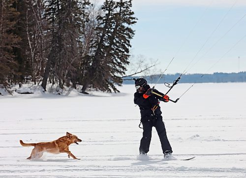 14032023
Gord Ziegler of Onanole snowkite&#x2019;s across Clear Lake at Riding Mountain National Park with his dog Brie in pursuit on Tuesday afternoon. Snowkiting is using a kite and the power of the wind to glide across snow and ice on a snowboard.  
(Tim Smith/The Brandon Sun)