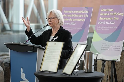 RUTH BONNEVILLE / WINNIPEG FREE PRESS 

Local. Standup - Manitoba Human Trafficking Awareness Day at CMHR

Photo of Joy Smith, founder of The Joy Smith Foundation which works to provide help and freedom for people trafficked, who was one of the presenters at the event and spoke about the skyrocketing rise in human trafficking in Manitoba.  ?
The Manitoba Human Trafficking Awareness Day event, presented by the Manitoba Status of Women Secretariat in partnership with the Joy Smith Foundation and the Canadian Museum for Human Rights,.took place in the Garden of Contemplation, at the Canadian Museum for Human Rights Thursday.

Rochelle Squires, Minister of Families, announced new funding forVelma's House, Ka Ni Kanichihk, a 24/7 Safe Space, to Executive Director, Dodie Jordan.  

 
March 16th, 2023

