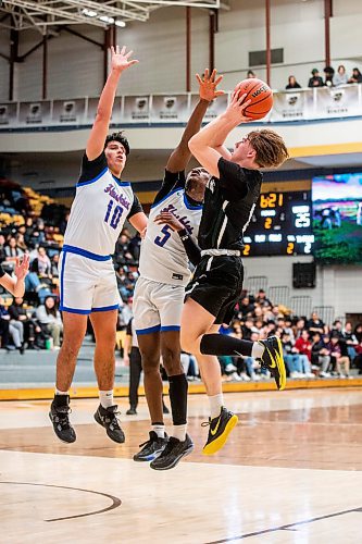 MIKAELA MACKENZIE / WINNIPEG FREE PRESS

Vincent Massey Trojan Nikolas Wysmulek-Harvey (8) tries for a shot as Sturgeon Heights Huskies Levi Verity (10) and Mosab Ahmed (5) block in the boy's AAAA provincial semi-finals at Investors Group Athletic Centre in Winnipeg on Thursday, March 16, 2023. For Josh story.

Winnipeg Free Press 2023.