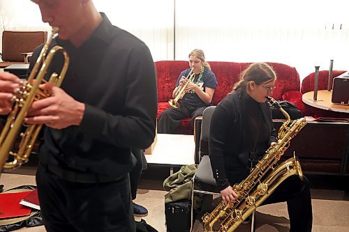 Members of Brandon’s Vincent Massey High School Junior Jazz Band warm up prior to performing during the Brandon University Jazz Festival at the Brandon University School of Music on Friday. The three day festival, the first since 2019 due to the COVID-19 pandemic, brought in school bands from across the province for performances and workshops throughout the WMCA and Brandon University. The festival wraps up today. (Tim Smith/The Brandon Sun)