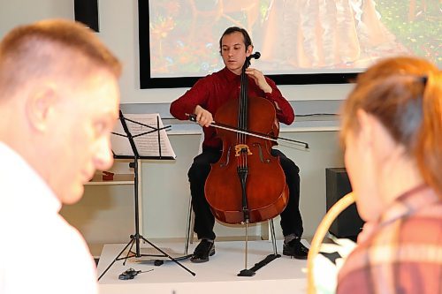 Cellist Carlos Castro performs at the Art Gallery of Southwestern Manitoba on Sunday afternoon during the group’s “Everlasting Equinox: A Brunch Bonanza” fundraiser. (Kyle Darbyson/The Brandon Sun)