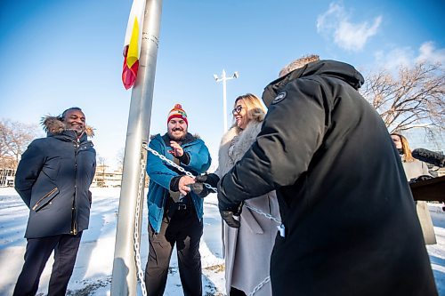 MIKAELA MACKENZIE / WINNIPEG FREE PRESS

Tudor Alexis, consul general of France in Toronto (left), Derrek Bentley, vice-president of the Socit de la Francophonie Manitobaine, Rochelle Squires, families minister, and Michel Miraillet, ambassador for the Embassy of France in Canada, raise the Franco-Manitoban flag on International Day of La Francophonie in Winnipeg on Monday, March 20, 2023. Standup.

Winnipeg Free Press 2023.