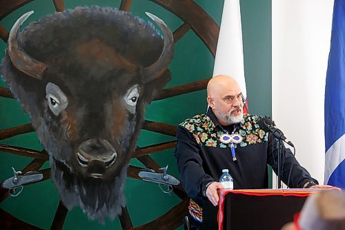 MIKE DEAL / WINNIPEG FREE PRESS
MMF Minister of Housing, Will Goodon, speaks during the opening of Fre Maachi at 670 Main Street.
The Manitoba M&#xe9;tis Federation (MMF), the National Government of the Red River M&#xe9;tis announce the opening of Fre Maachi &quot;New Beginnings&quot; at 670 Main Street, a 20-unit transitional Housing First program to assist in the fight to ending homelessness in Winnipeg. 
230320 - Monday, March 20, 2023.