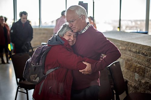 MIKE DEAL / WINNIPEG FREE PRESS
Dale Kendel, who is the former chair of the Vulnerable Persons Living with a Mental Disability Task Force, is hugged by Terry-Linn Yohnson with Community Living Manitoba and has known Dale for many years, during an announcement by Premier Heather Stefanson and Families Minister Rochelle Squires, minister responsible for accessibility, at the CMHR Tuesday morning that the Manitoba government will be investing $104 million to support disability services and increase the wages of staff that deliver them.
See Carol Sanders story
230321 - Tuesday, March 21, 2023.