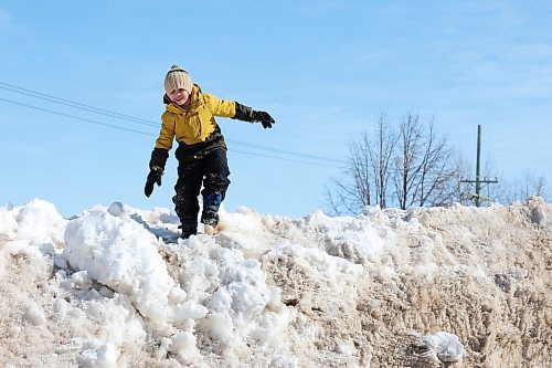 Ezra Strilchuk plays on a snowbank in Dauphin on a sunny Tuesday afternoon. (Tim Smith/The Brandon Sun)