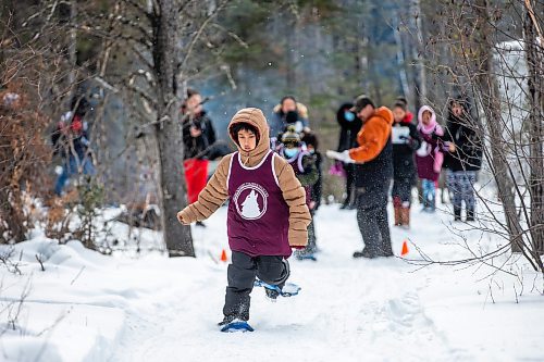 MIKAELA MACKENZIE / WINNIPEG FREE PRESS

Harry Jr. Cook takes off in the snowshoe races (a land-based part of the winter carnival festivities at Bloodvein River School) on Bloodvein First Nation on Thursday, March 9, 2023. For Maggie Macintosh story.

Winnipeg Free Press 2023.