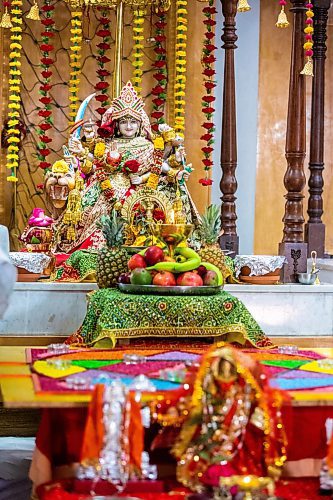 MIKAELA MACKENZIE / WINNIPEG FREE PRESS

The Durga Mata deity altar at the Hindu Temple before the Navratri evening celebration in Winnipeg on Wednesday, March 22, 2023. 
For Romona Goomansingh story.

Winnipeg Free Press 2023.