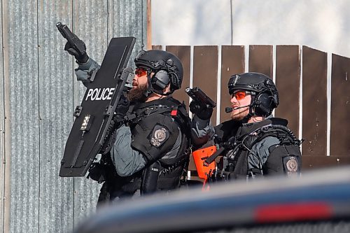 23032023
Members of the Brandon Police Service enter a home in the 300 block of 11th Street in Brandon with guns drawn on Thursday. (Tim Smith/The Brandon Sun)