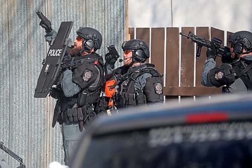 23032023
Members of the Brandon Police Service enter a home in the 300 block of 11th Street in Brandon with guns drawn on Thursday. (Tim Smith/The Brandon Sun)