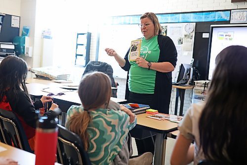 Agriculture in the Classroom volunteer presenter Leanne Sprung gives a talk to students in Karissa Kirkup’s grade 5/6 class at Riverview School on Friday afternoon. (Tim Smith/The Brandon Sun)