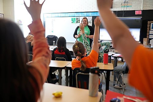 Agriculture in the Classroom volunteer presenter Leanne Sprung gives a talk to students in Karissa Kirkup’s grade 5/6 class at Riverview School on Friday afternoon. (Tim Smith/The Brandon Sun)