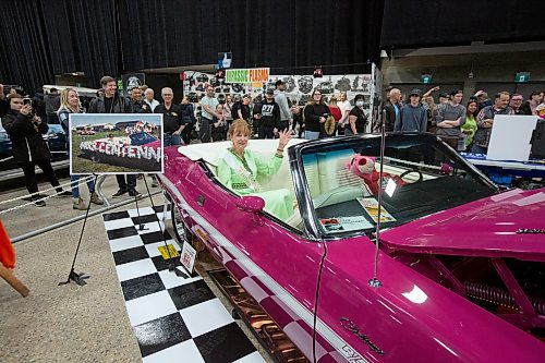 BROOK JONES / WINNIPEG FREE PRESS
Darlene Williams, 71, who became Miss Centennial Manitoba in 1970 after winning a pagent in celebration of the provincies 100th birthday, is reunited with the Dodge Challenger R/T convertible she rode in during a Dominion Day parade in Lac du Bonnet. In honour of the celebration, the Saksatchewan resident attended Piston Ring's 46th annual World of Wheels at the RBC Convention Centre in Winnipeg, Man., Saturday, March 25, 2023. 