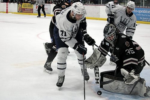 Dauphin Kings forward Jakob Brook has his shot stopped by Swan Valley Stampeders netminder Kobe Grant during Game 2 of their Manitoba Junior Hockye League quarterfinal series at Credit Union Place on Saturday night. (Lucas Punkari/The Brandon Sun)