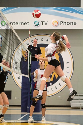 Predators middle blocker Anika Gulenchin attacks a Karlee Paziuk quick set. (Thomas Friesen/The Brandon Sun)