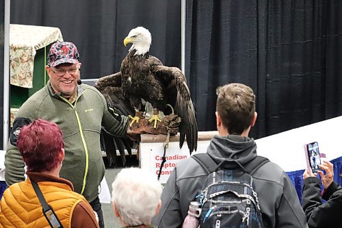 Canadian Raptor Conservancy director James Cowan introduces Royal Manitoba Winter Fair audiences to Bruce the bald eagle inside the Keystone Centre's amphitheatre on Monday morning. (Kyle Darbyson/The Brandon Sun)