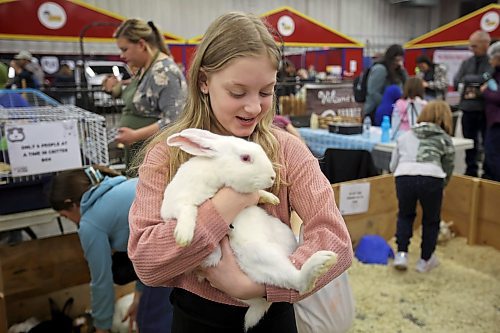 27032023
Emma Barkley holds a rabbit in the petting zoo during the opening day of the Royal Manitoba Winter Fair at The Keystone Centre on Monday.
(Tim Smith/The Brandon Sun)
