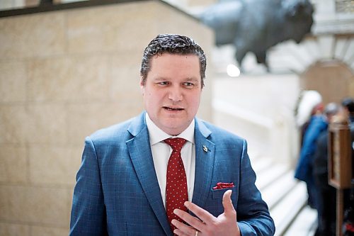 MIKE DEAL / WINNIPEG FREE PRESS
Consumer Protection and Government Services Minister James Teitsma speaks during the announcement Tuesday afternoon at the base of the grand staircase in the Manitoba Legislative building, that work continues toward the design, construction and installation of an historic monument on the Legislative Building grounds commemorating the bicentenary of the Peguis-Selkirk Treaty.
230207 - Tuesday, February 07, 2023.