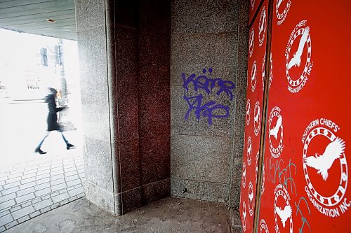 JOHN WOODS / WINNIPEG FREE PRESS
Graffiti tags on the former Hudson Bay building at Memorial and Portage in Winnipeg Tuesday, March 28, 2023. Southern Chiefs Organization, who was gifted the building, says they running behind schedule and are working on their development plans.

Re: sanders