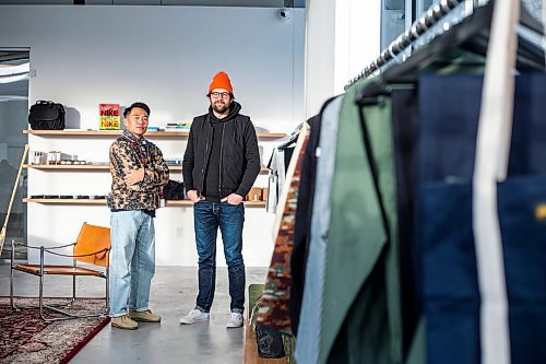 MIKAELA MACKENZIE / WINNIPEG FREE PRESS

Daniel Basanes (left) and Chris Watchorn, co-creators of Hobby&#x2022;ism (a new menswear store opening this Boxing Day), pose for a photo in the shop on Colony Street in Winnipeg on Friday, Dec. 23, 2022. For Gabby story.
Winnipeg Free Press 2022.