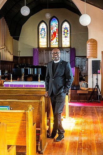 MIKAELA MACKENZIE / WINNIPEG FREE PRESS

Reverend Wilson Akinwale, chair of the Black Anglicans of Canada Dismantling Anti-Black Racism Committee in the Diocese of Rupert's Land, poses for a photo in his parish, St Thomas Anglican Church, in Winnipeg on Wednesday, March 29, 2023. For John Longhurst story.

Winnipeg Free Press 2023.