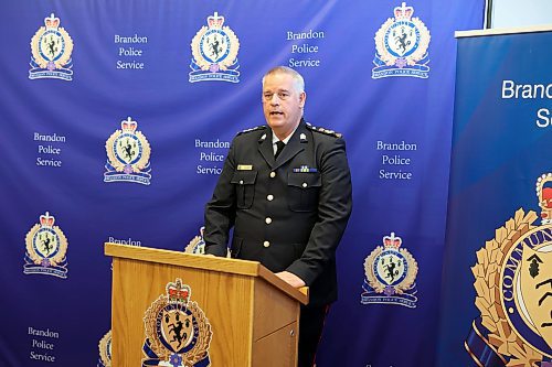 22062022
Brandon Police Service Chief Wayne Balcaen after an announcement by Kelvin Goertzen, Minister of Justice and Attorney General, announcing more funding for BPS through the provincial Criminal Property Forfeiture program on Thursday. 
(Tim Smith/The Brandon Sun)