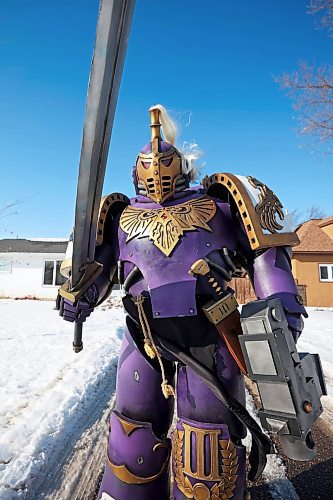 30032023
Randy Collen of Minnedosa in his award-winning and homemade seven-foot-tall Warhammer cosplay armour at his home on Wednesday. 
(Tim Smith/The Brandon Sun)
