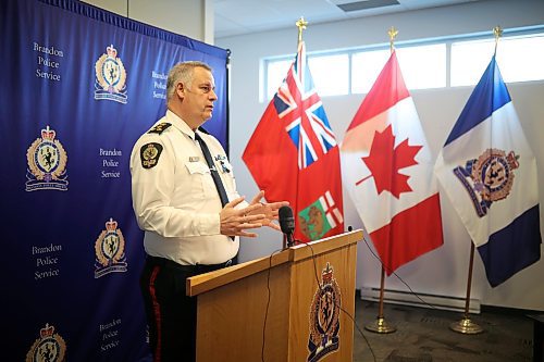 30032023
Brandon Police Service Chief of Police Wayne Balcaen speaks to the media about a BPS By-law officer charged with fraud under $5000 and Breach of Trust during a press conference at the BPS headquarters on Thursday. 
(Tim Smith/The Brandon Sun)
