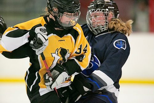 BROOK JONES / WINNIPEG FREE PRESS
Team Manitoba forward Lexi Ellis (No. 94) fights for the ring against Team Alberta during the 2023 Western Canadian Ringette Championships at the Seven Oaks Arena in Winnipeg, Man., Saturday, April 1, 2023. Team Manitoba earned the bronze medal despite a 6-5 loss in overtime to Team Alberta. Close to 500 ringette players from 25 teams from the western Canadian provinces competed at the championships, which ran March 29 to April 1. 