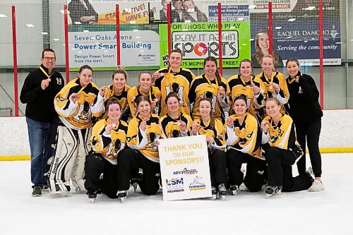 BROOK JONES / WINNIPEG FREE PRESS
Team Manitoba celebrates their bronze medal at the 2023 Western Canadian Ringette Championships at the Seven Oaks Arena in Winnipeg, Man., Saturday, April 1, 2023. Team Manitoba earned the bronze medal despite a 6-5 loss in overtime to Team Alberta. Cllose to 500 ringette players from 25 teams from the western Canadian provinces competed at the championships, which ran March 29 to April 1. 