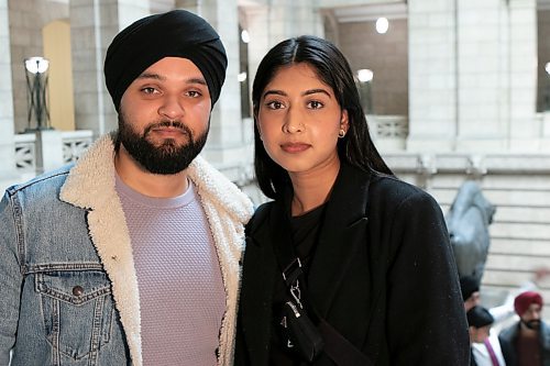 BROOK JONES / WINNIPEG FREE PRESS
Hira Toor, 28, (left) and his wife, Taranjit Dhaliwal, 29, attend the kick-off event for Sikh Heritage Month in Manitoba at the Manitoba Legislative Building in Winnipeg, Man., Saturday, April 1, 2023. The event also featured Sikh Heritage Manitoba's inaugural ceremonial prayer called Ardaas. 