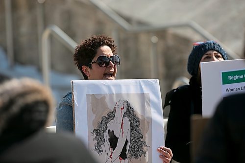 BROOK JONES / WINNIPEG FREE PRESS
Leyla Shahsavar leads a chat for fellow members of the Iranian community and their supports to protest Iran's regime. The group of protesters gathered in front of the Canadian Museum for Human Rights in Winnipeg, Man., Saturday, April 1, 2023. 