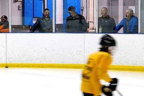 JOHN WOODS / WINNIPEG FREE PRESS
Hockey dad and former Winnipeg mayor Brian Bowman laughs with other dads as they watche their sons&#x2019; hockey practice at River Heights C.C. Monday, April 3, 2023. 

Re: