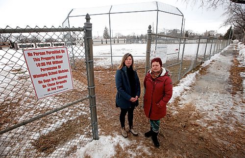 JOHN WOODS / WINNIPEG FREE PRESS
Meghan Cameron, left, and Miranda Hood, whose children are students at Sir William Osler school are photographed at the school Tuesday, April 4, 2023. The parents are disappointed that the expansion of the school will result in green space and baseball fields being removed for a parking lot and pickup/drop off loop.

Re: macintosh