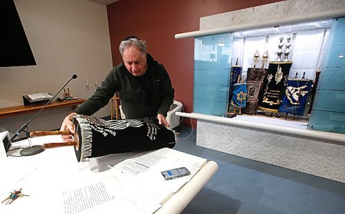 JOHN WOODS / WINNIPEG FREE PRESS
Rabbi Allan Finkel shows two Torah scrolls saved from Czech Republic, formely part of Czechoslovakia, which were saved during World War 2 at Temple Shalom Tuesday, April 4, 2023. 

Re: suderman
