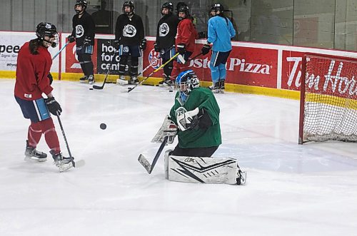 JESSICA LEE / WINNIPEG FREE PRESS

Winnipeg AAA Ice U18 Goaltender Jordyn Nepinak-Sargent is photographed at practice at the Hockey For All Centre on April 5, 2023.
