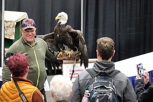 Canadian Raptor Conservancy director James Cowan introduces Royal Manitoba Winter Fair audiences to Bruce the bald eagle inside the Keystone Centre's amphitheatre on March 27. (Kyle Darbyson/The Brandon Sun)
